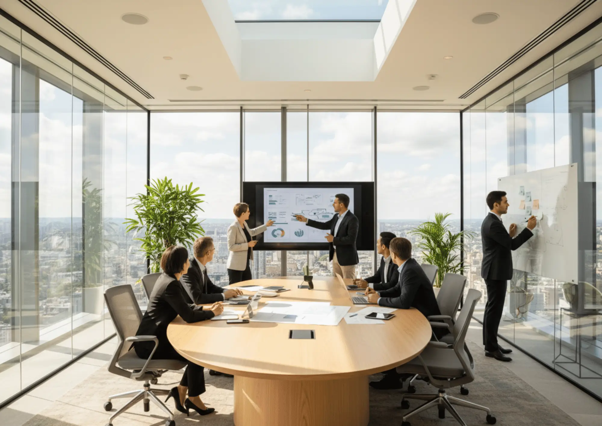 Business professionals collaborating during a meeting in a modern office