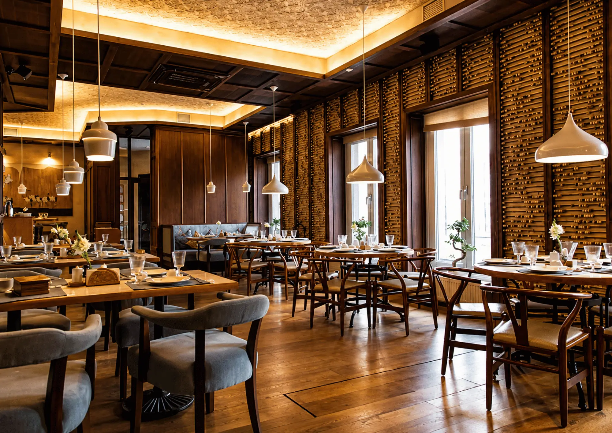 Modern restaurant dining area with tables prepared for guests