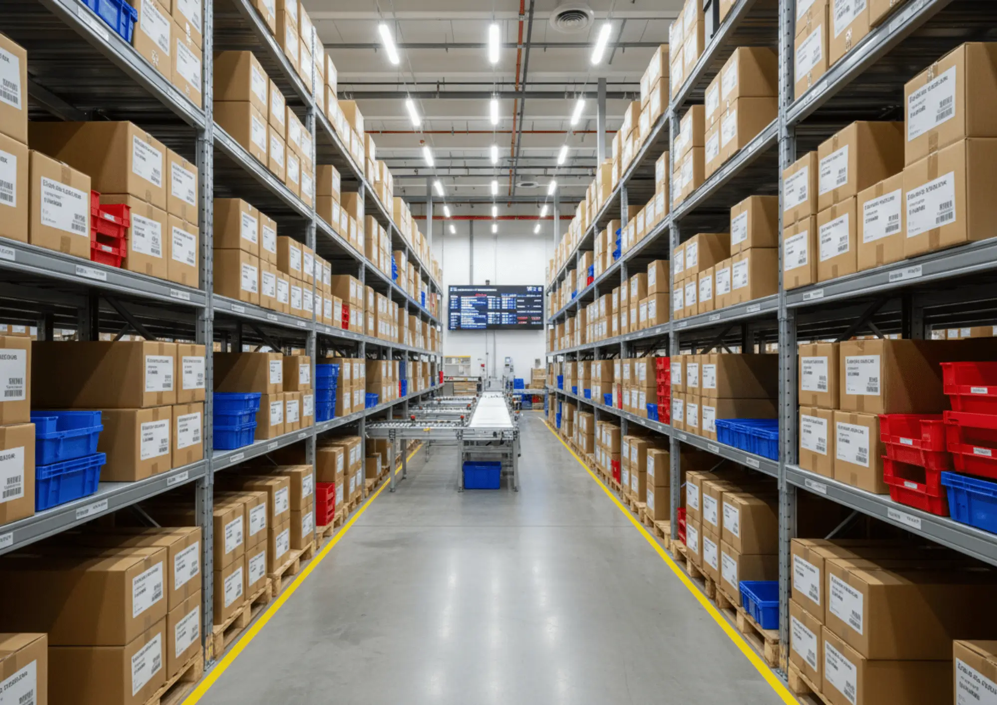 Warehouse shelves stocked with boxes and organized inventory