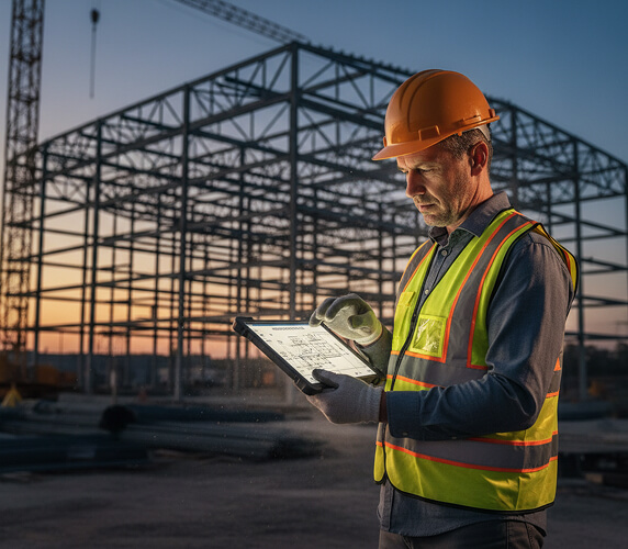 Construction project manager reviewing building plans on a tablet at a commercial construction site.
