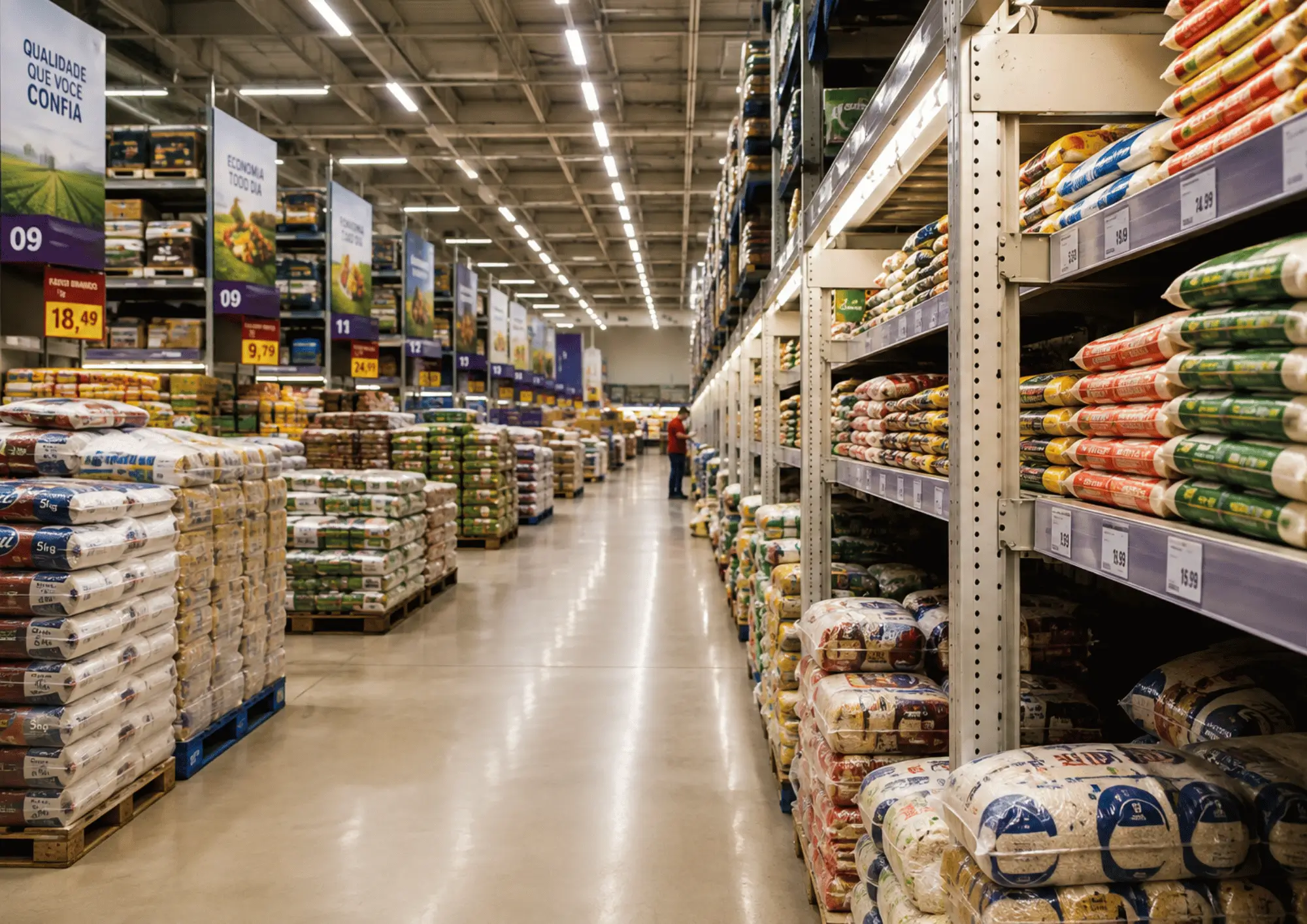 Wholesale grocery store aisle stocked with bulk food products