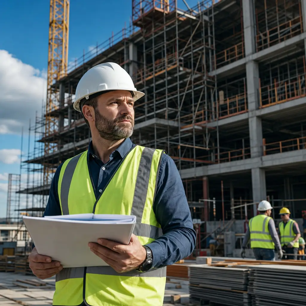 Construction project manager reviewing plans at an active commercial construction site.