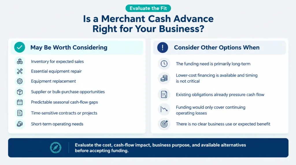 Merchant cash advance decision guide showing situations when an MCA may fit and when other funding options may be better