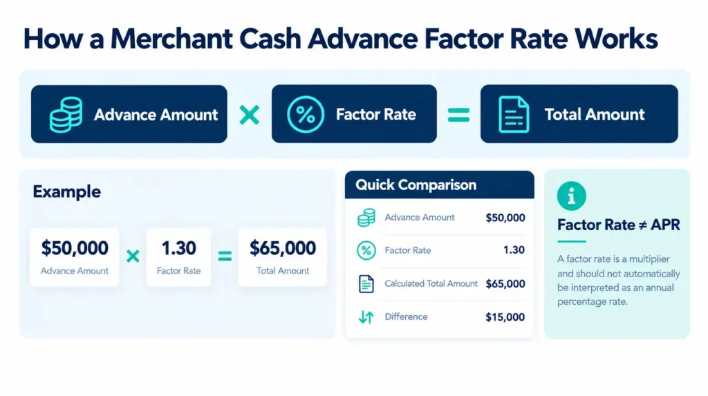 Infographic explaining how a merchant cash advance factor rate is used to calculate the total repayment amount.