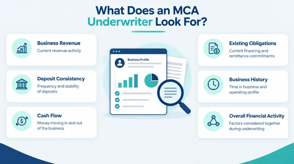 Infographic showing MCA underwriting factors including business revenue, deposits, cash flow, existing obligations, and business history.